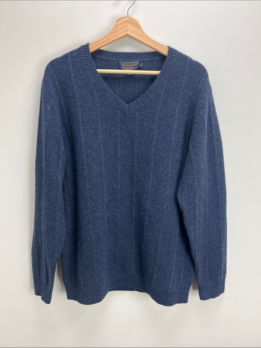 Pendleton Mixed Stitch Merino V Neck Sweater Wool Blue Mens Medium Classic Warm